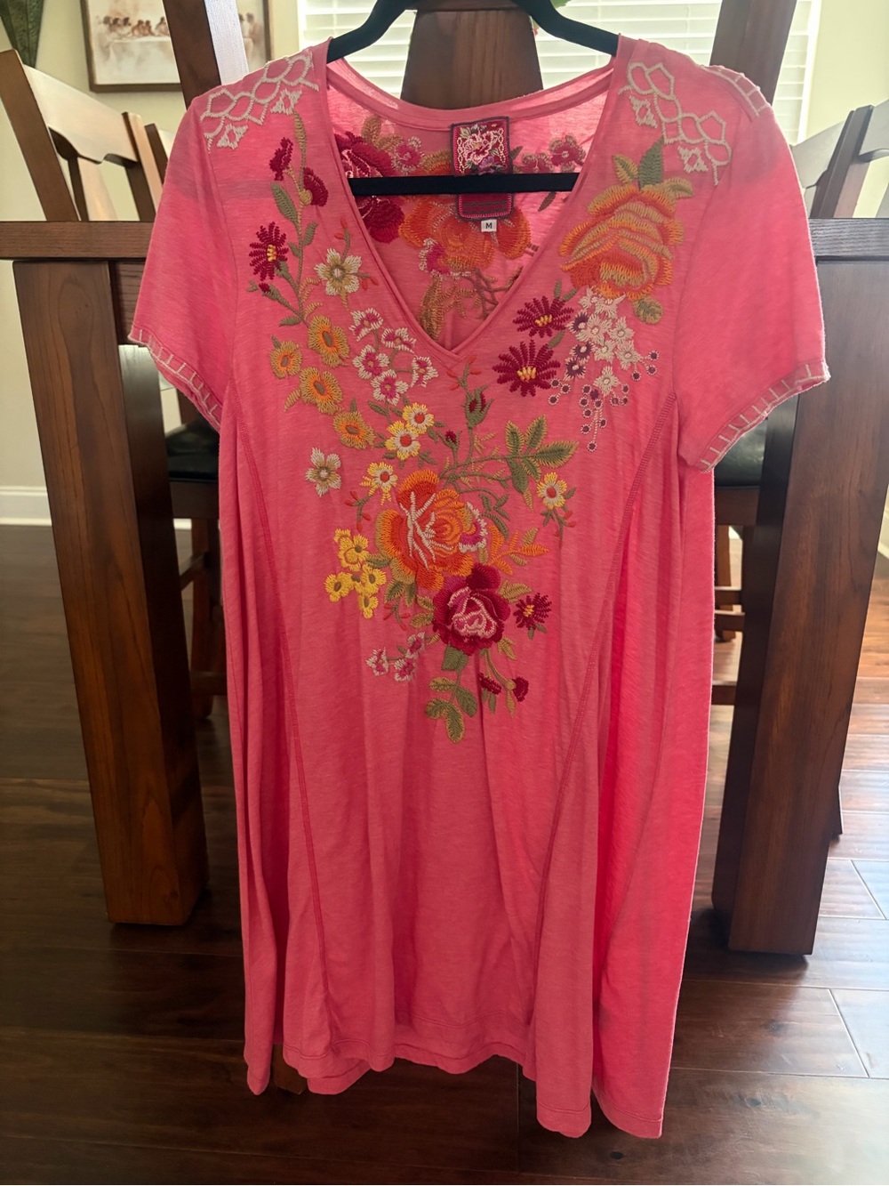 Johnny Was Pink Floral-Embroidered V-Neck Mini Dress